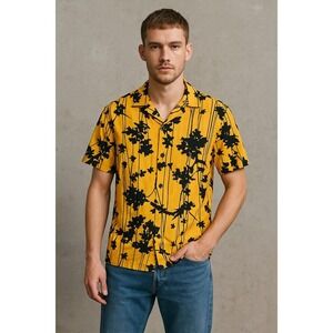 ZARA Men's S Relaxed Fit Shirt Yellow Black Floral Graphic Streetwear Y2K Resort
